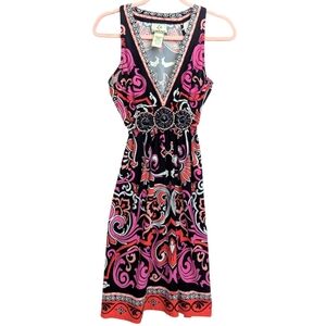 Vintage ICE Paisley Print Dress Colorful Size Medium Beaded Tie Back Flowy Y2K